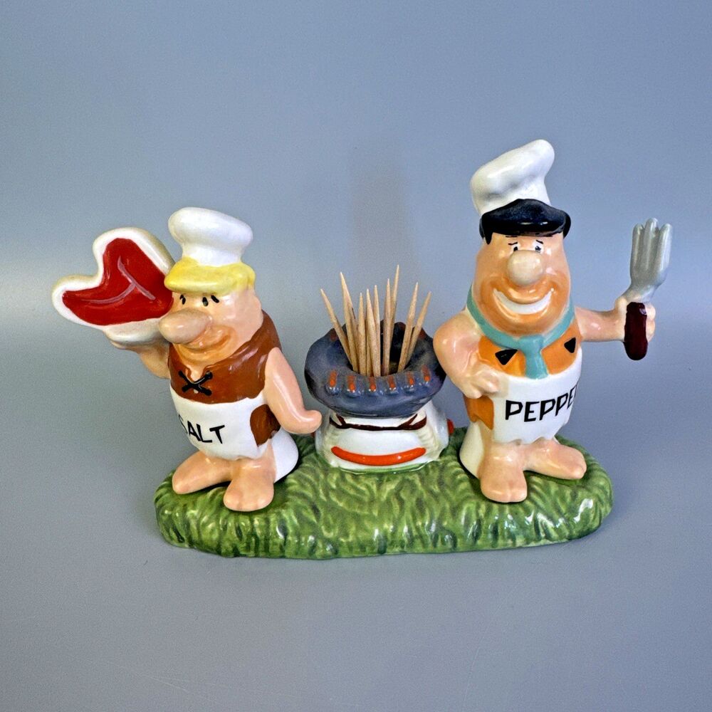 Flintstones Chef Fred & Barney Salt Pepper Shakers Toothpick Holder Set Magnetic